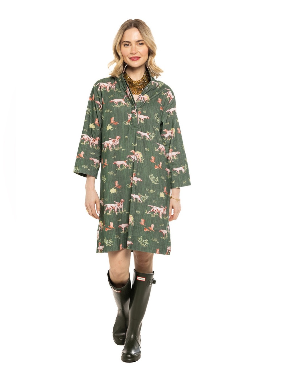 Holly Shae Green Corduroy “Dogs On The Hunt” Shift Dress with matching obi belt